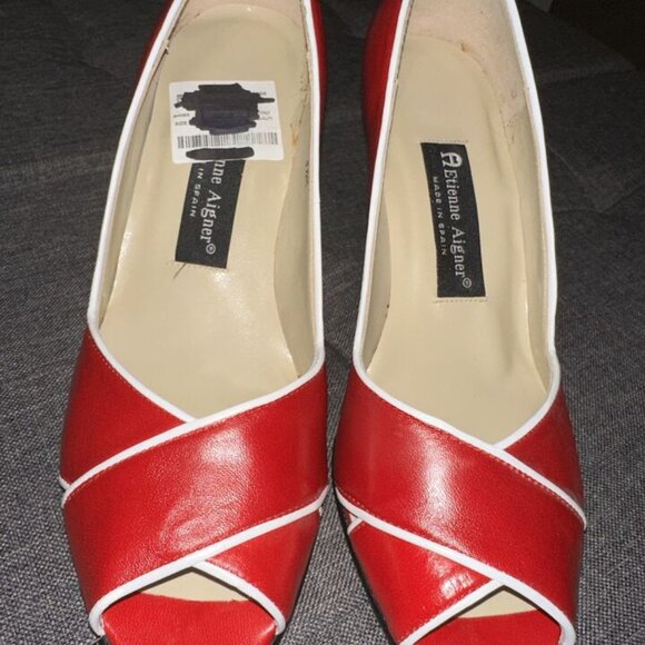 Etienne Aigner Red/White Peep Toe Slip On Thick Block Heel Leather Size 8.5 M - Picture 5 of 16